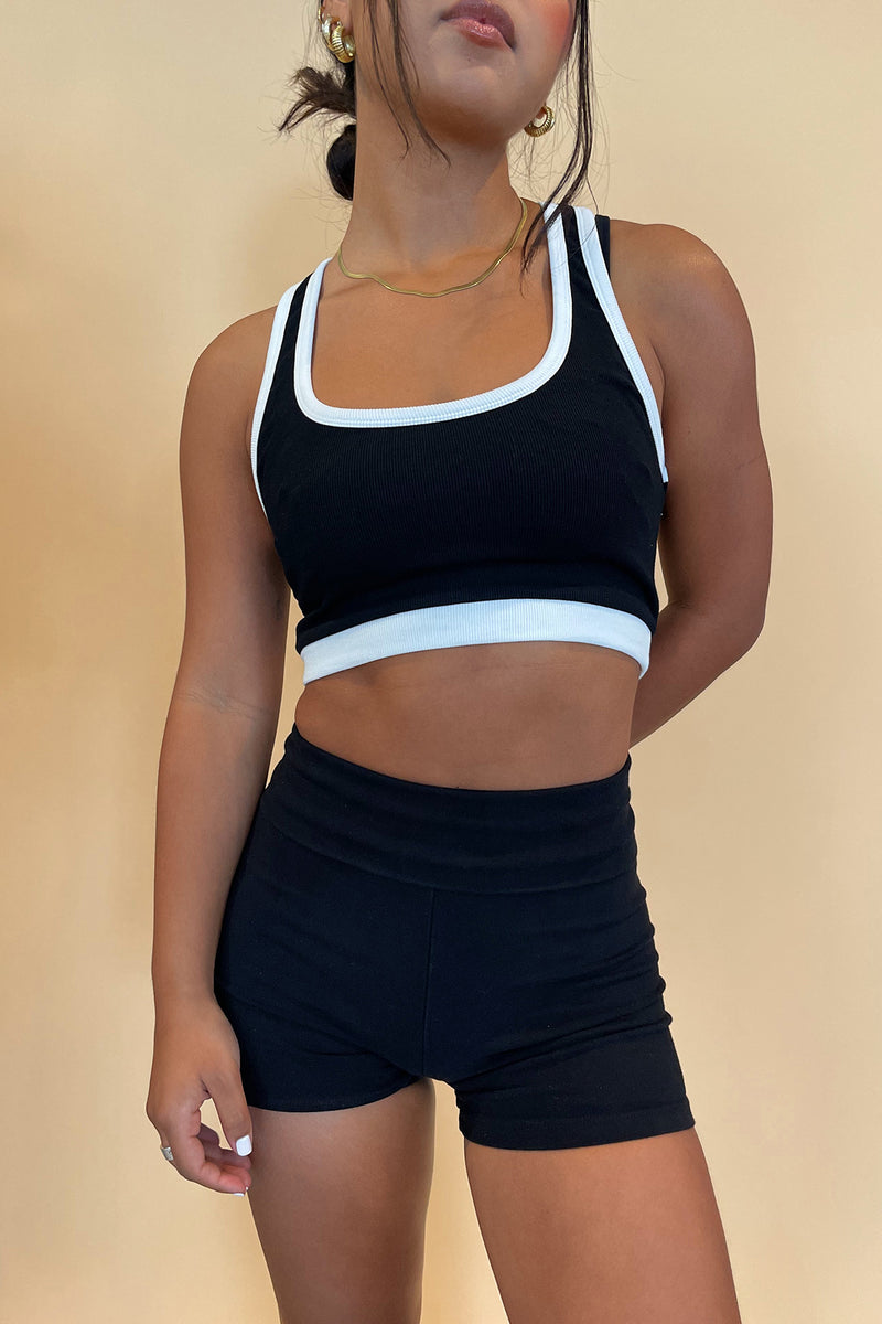 Tennis Court Black with White Trim Ribbed Tank