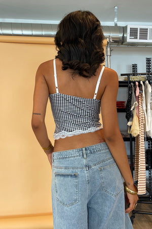 Vanessa Black and White Gingham with Lace Trim Tank Top