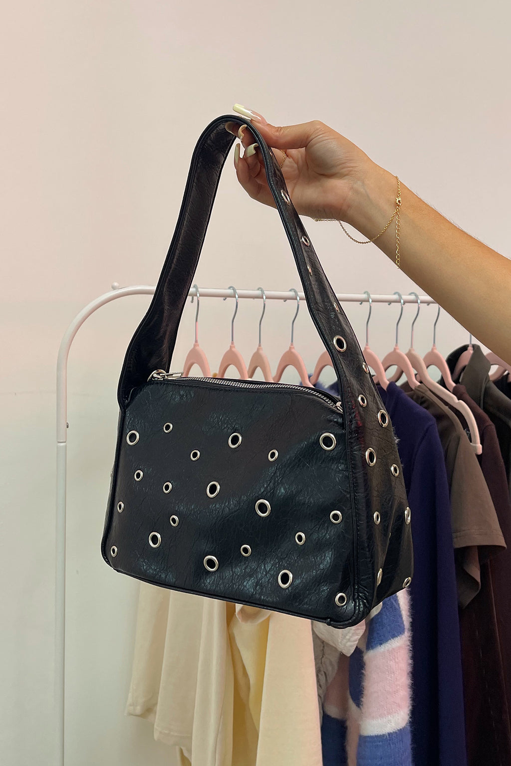 Feel It Still Black Grommet Studded Faux Leather Bag
