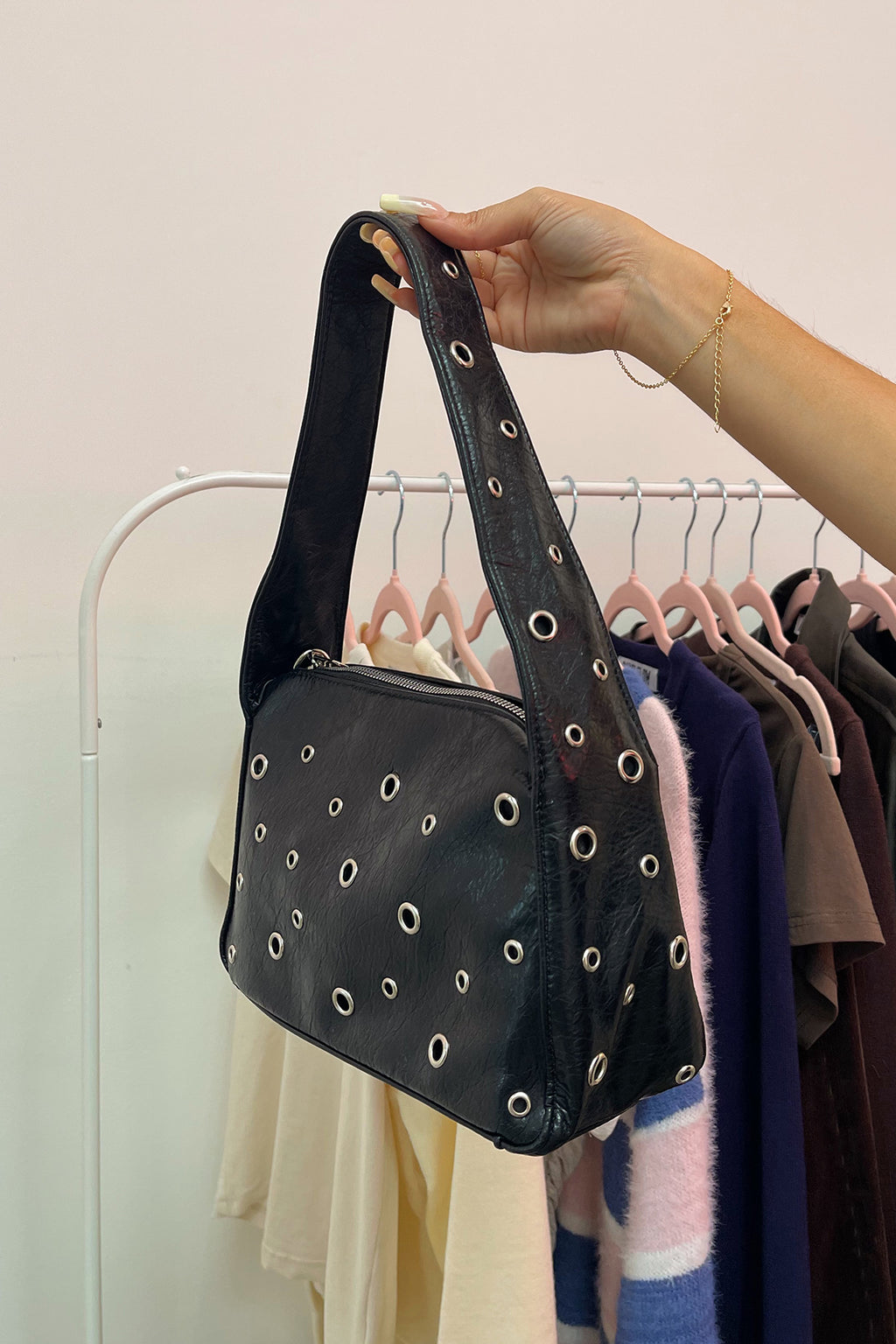Feel It Still Black Grommet Studded Faux Leather Bag