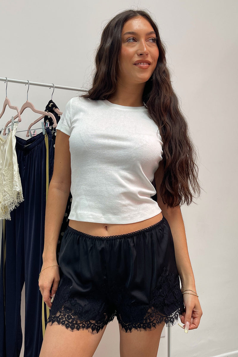 Harper Black Satin with Lace Applique Mini Shorts