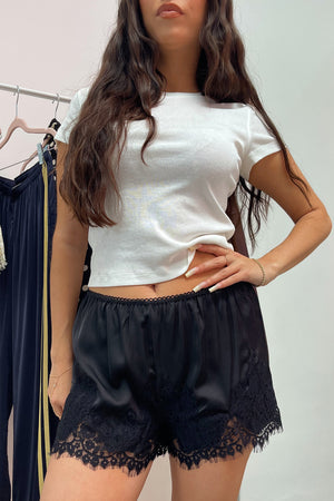 Harper Black Satin with Lace Applique Mini Shorts