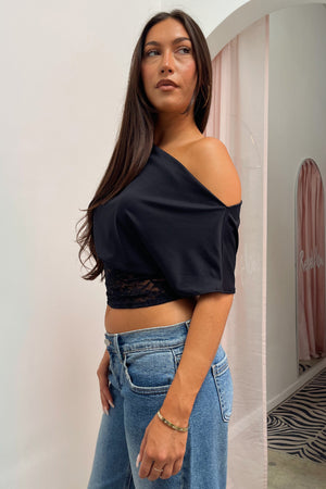 Ariella Black with Lace Waistband Detail Asymmetrical Top