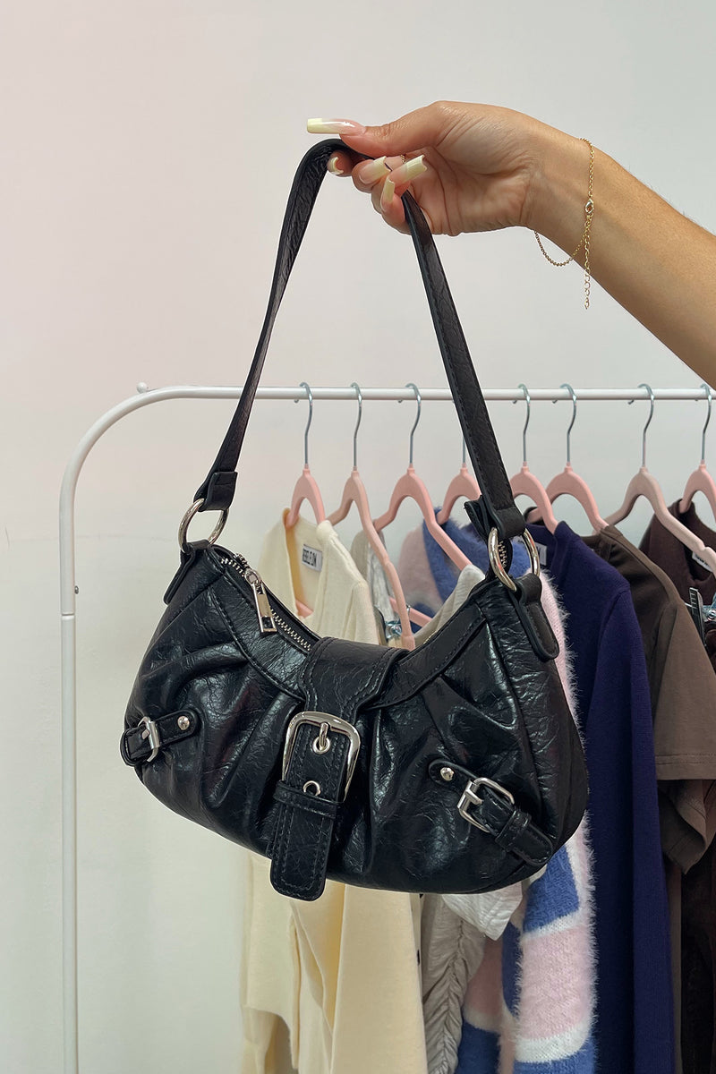 Last Minute Plans Black Faux Leather Shoulder Bag