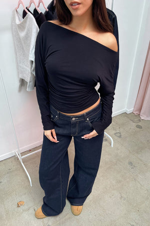 To the Beat Black Wide Neck Long Sleeve Top