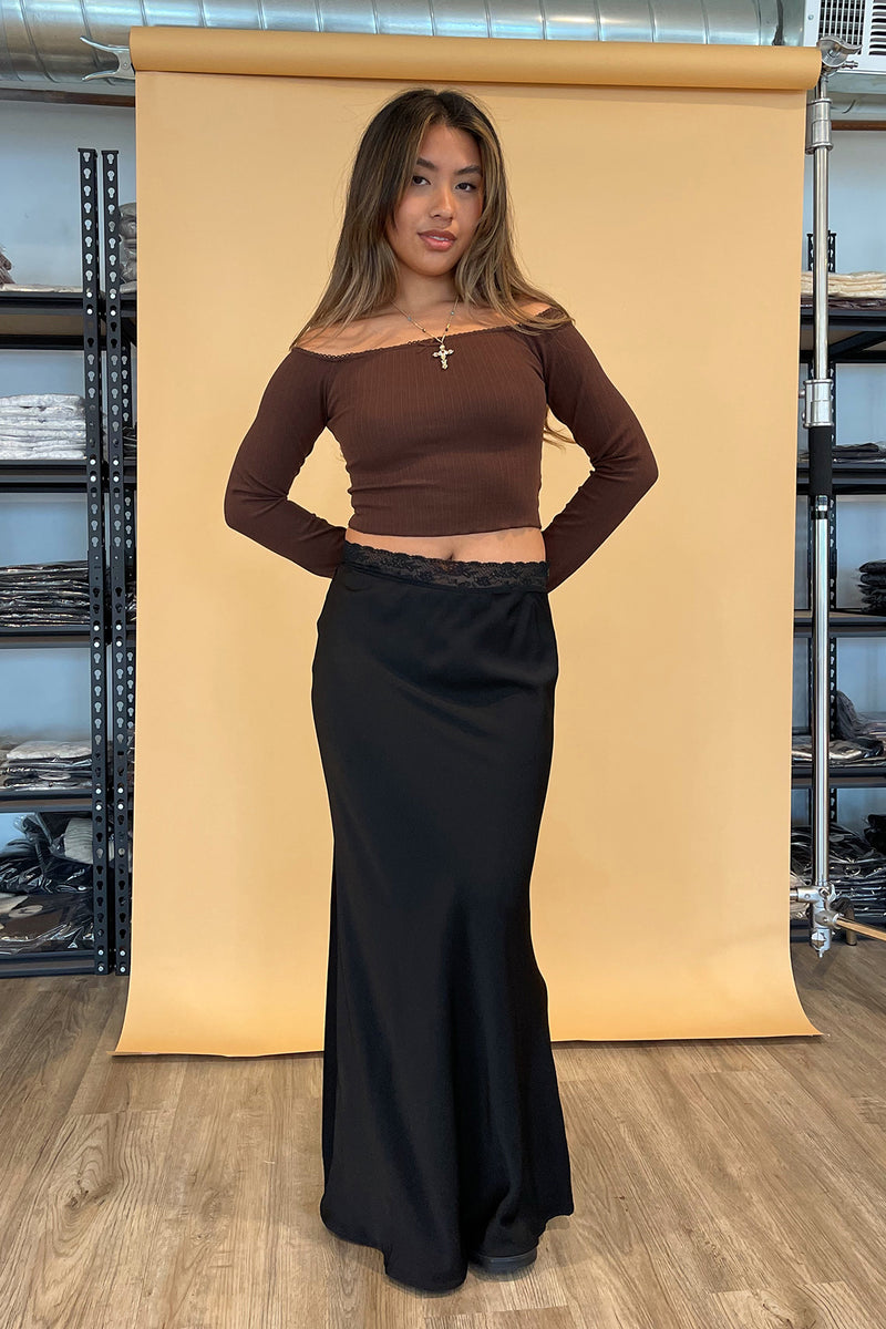 In Love Forever Black with Lace Trim Waistband Maxi Skirt