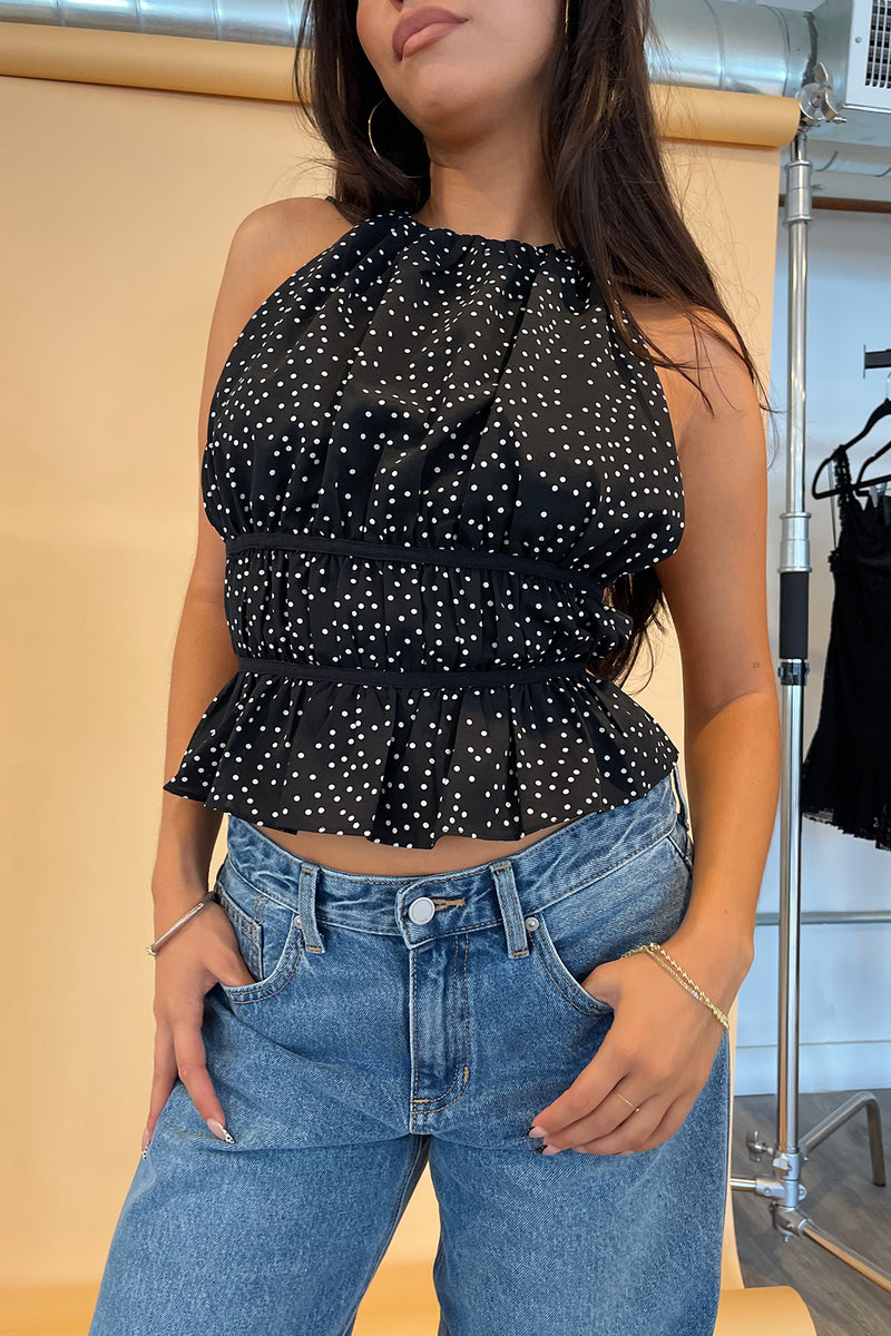 Maclaine Black with White Polka Dot Backless Tie Top