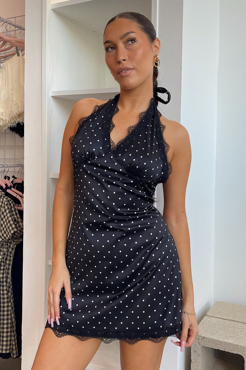 At First Sight Black with Cream Polka Dot Lace Trim Mini Dress