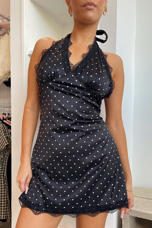 At First Sight Black with Cream Polka Dot Lace Trim Mini Dress