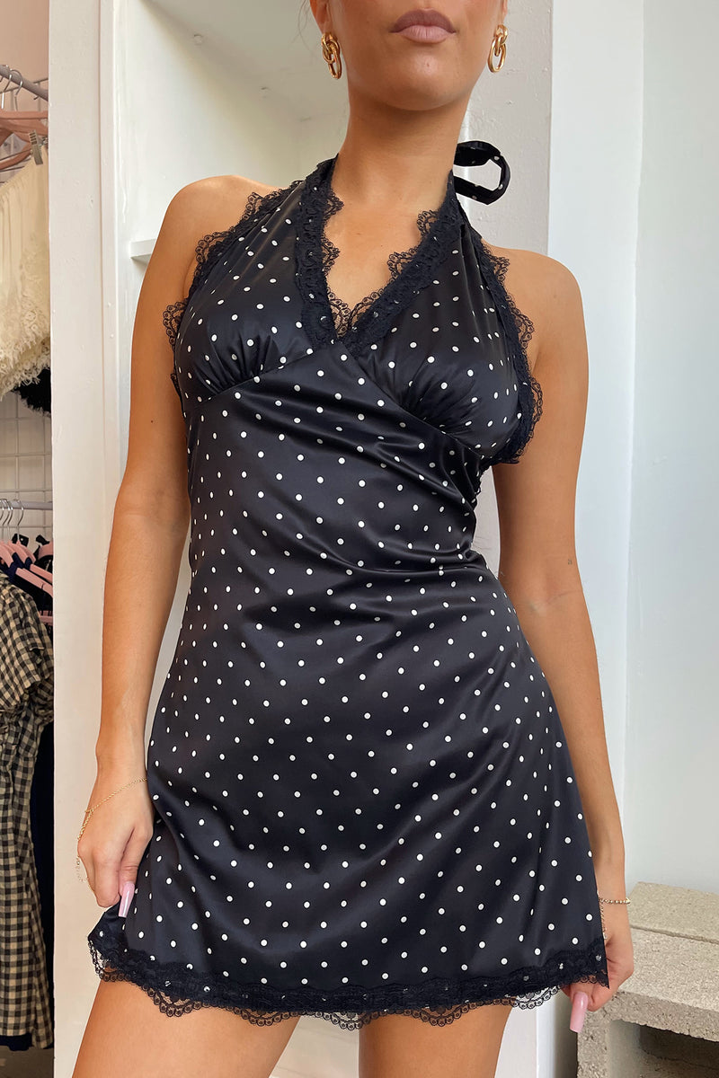 At First Sight Black with Cream Polka Dot Lace Trim Mini Dress
