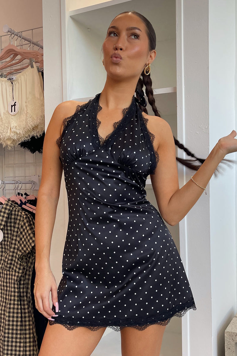 At First Sight Black with Cream Polka Dot Lace Trim Mini Dress