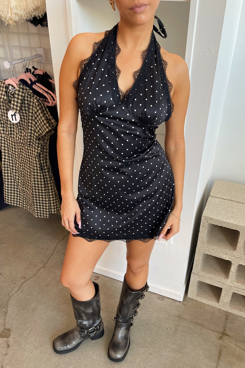 At First Sight Black with Cream Polka Dot Lace Trim Mini Dress
