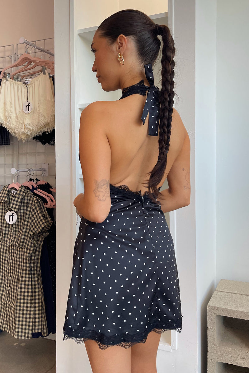 At First Sight Black with Cream Polka Dot Lace Trim Mini Dress