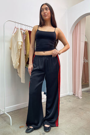 Playing Field Black with Red Side Stripe Satin Pants