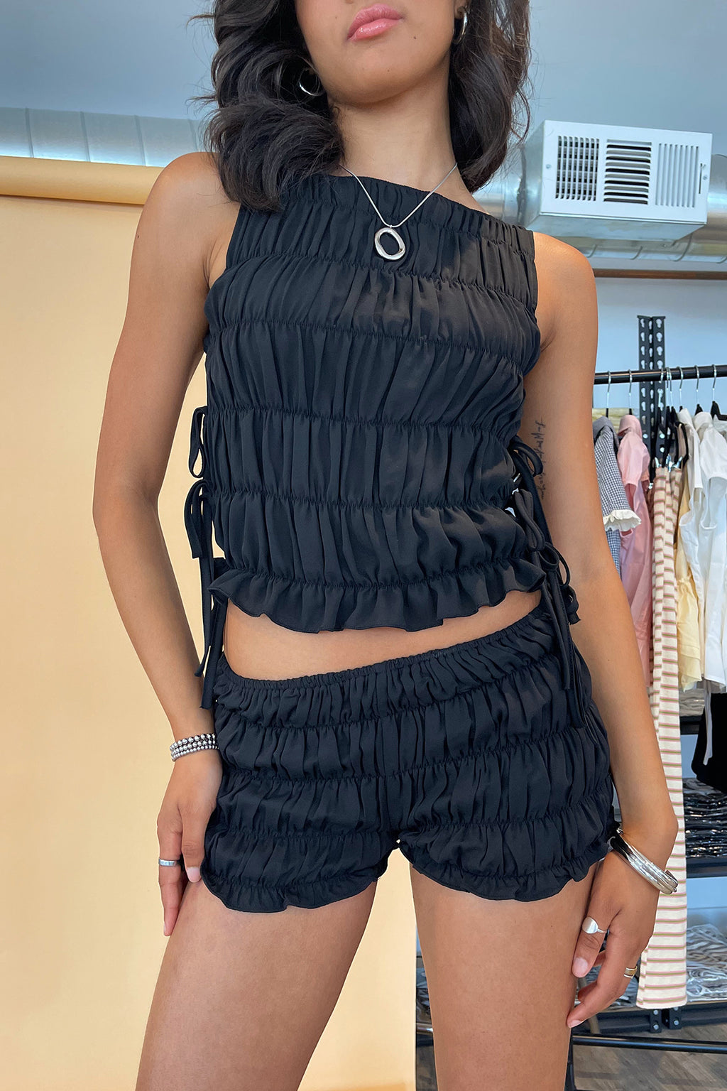 Out and About Black Smocked Mini Shorts