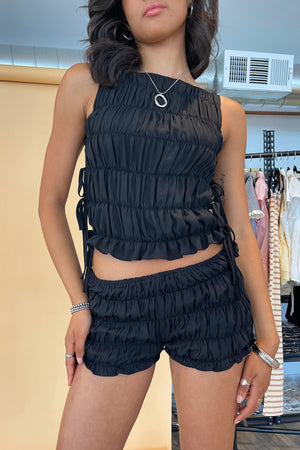Out and About Black Smocked Mini Shorts