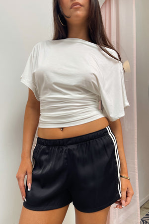 Sidelines Black with Cream Side Stripe Satin Shorts