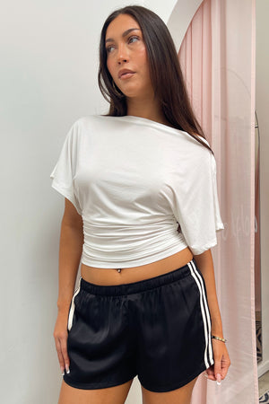 Sidelines Black with Cream Side Stripe Satin Shorts