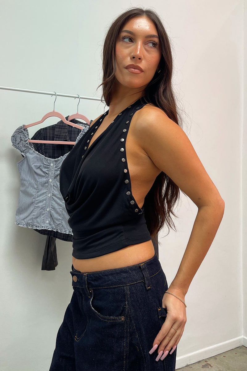 Turning Heads Black Studded Cowl Neck Top