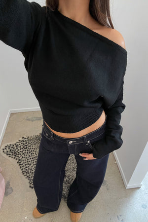 Paris Black Wide Neck Fitted Sweater