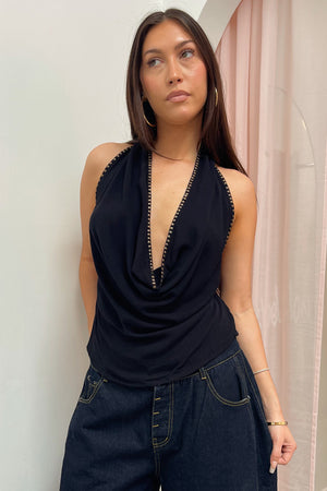 Indie Sleaze Black with Gold Stud Cowl Neck Top