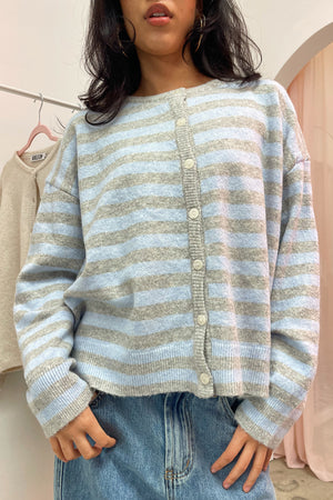 Mixed Signals Light Blue and Grey Stripe Button Up Cardigan