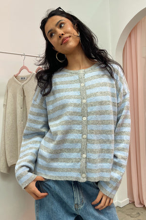 Mixed Signals Light Blue and Grey Stripe Button Up Cardigan