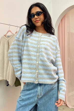 Mixed Signals Light Blue and Grey Stripe Button Up Cardigan