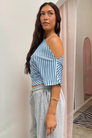 Leave It All Behind Blue and Brown Stripe Wide Neck Top