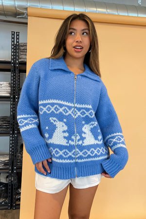 Snow Day Blue Bunny Knit Zip Up Sweater