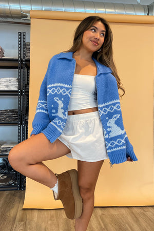 Snow Day Blue Bunny Knit Zip Up Sweater