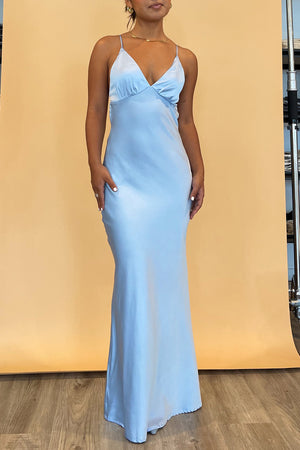 Special Occasion Blue Satin Maxi Dress
