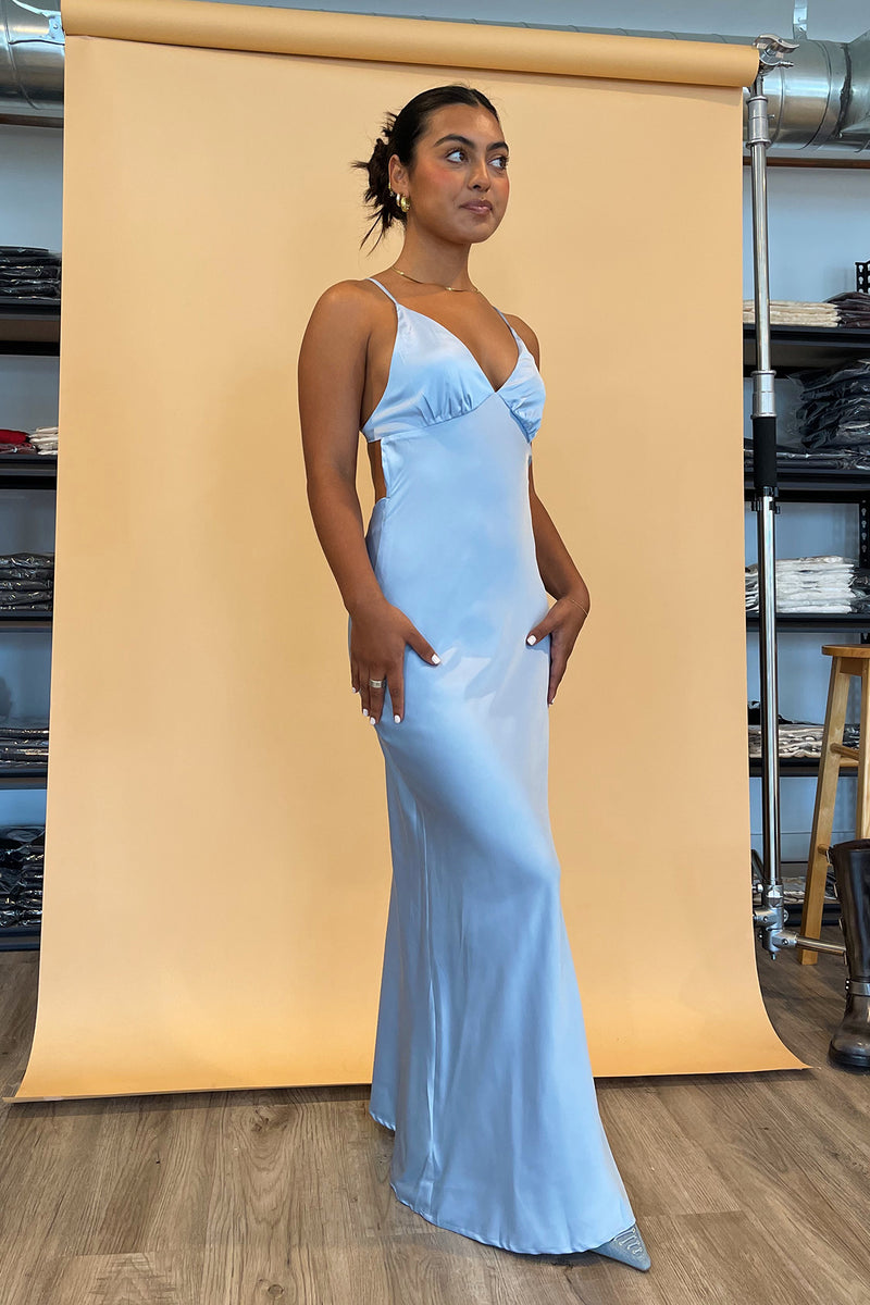 Special Occasion Blue Satin Maxi Dress