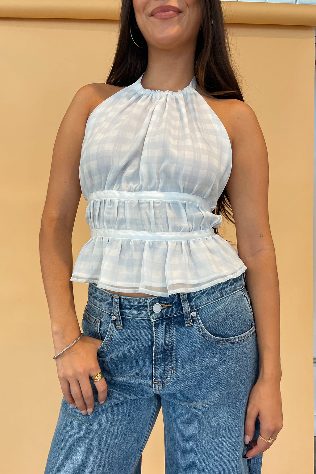 Halle White with Light Blue Plaid Ribbon Tie Halter Top