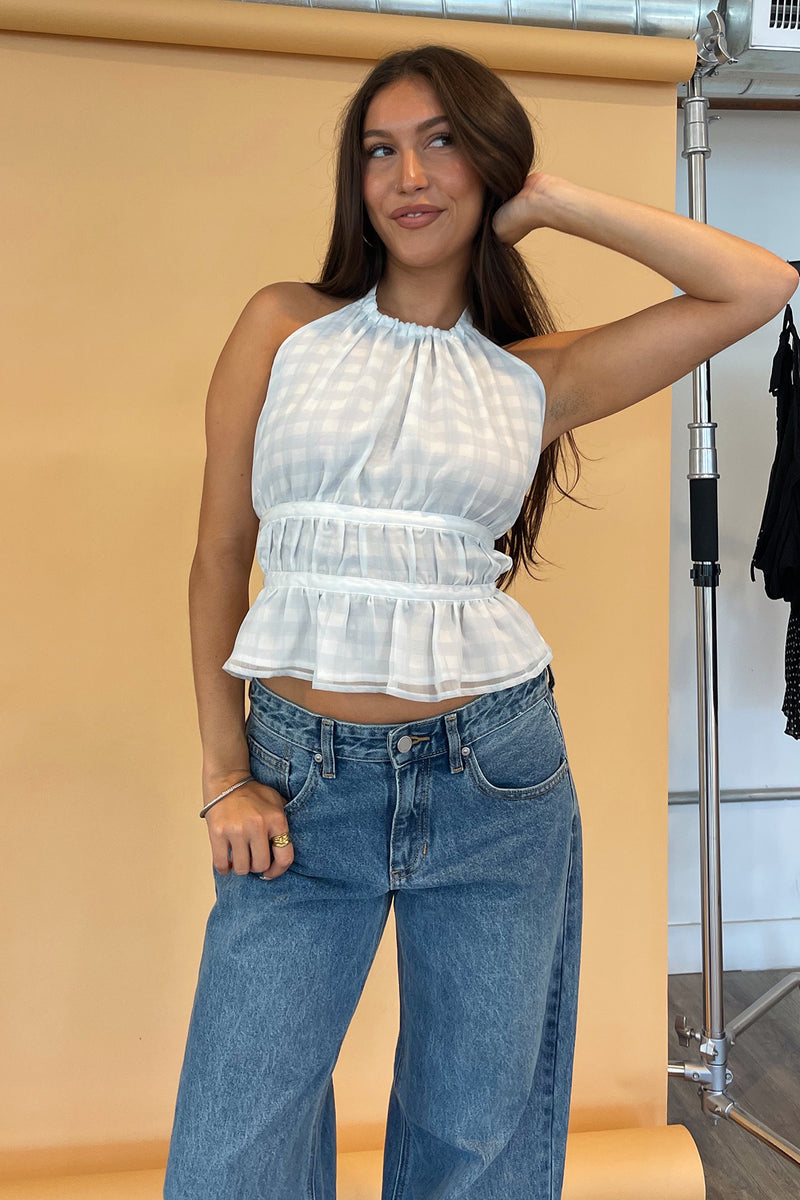 Halle White with Light Blue Plaid Ribbon Tie Halter Top