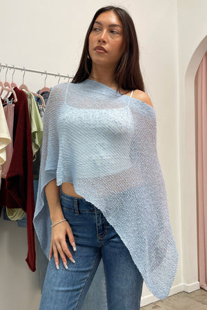 Sonora Baby Blue Textured Knit Asymmetrical Poncho