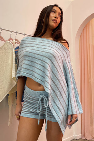 On the Lineup Blue and Grey Stripe Knit Asymmetrical Poncho