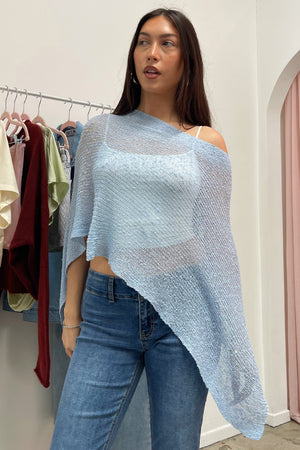 Sonora Baby Blue Textured Knit Asymmetrical Poncho