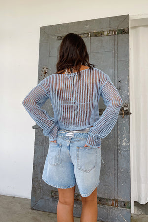 Summer Glow Baby Blue Shimmer Open Knit Sweater Top