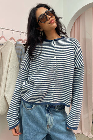 Blythe Denim Stripe Button Up Cardigan