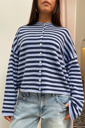 Blythe Blue and Navy Stripe Button Up Cardigan