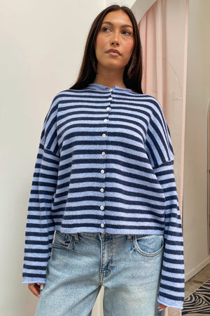 Blythe Blue and Navy Stripe Button Up Cardigan