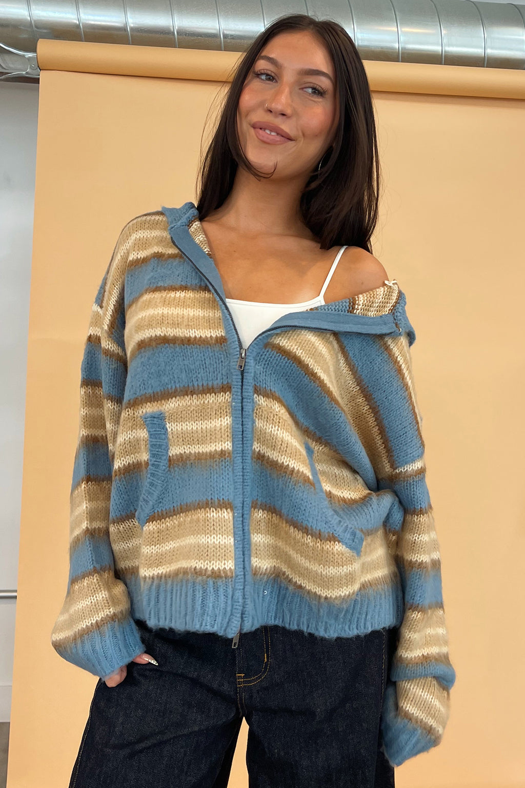 Teddy Blue and Taupe Stripe Fuzzy Knit Zip Up Hoodie