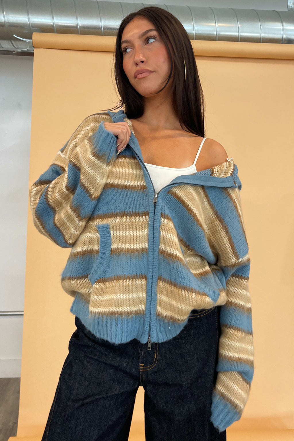 Teddy Blue and Taupe Stripe Fuzzy Knit Zip Up Hoodie
