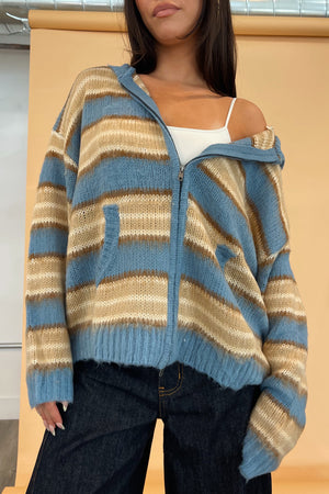 Teddy Blue and Taupe Stripe Fuzzy Knit Zip Up Hoodie