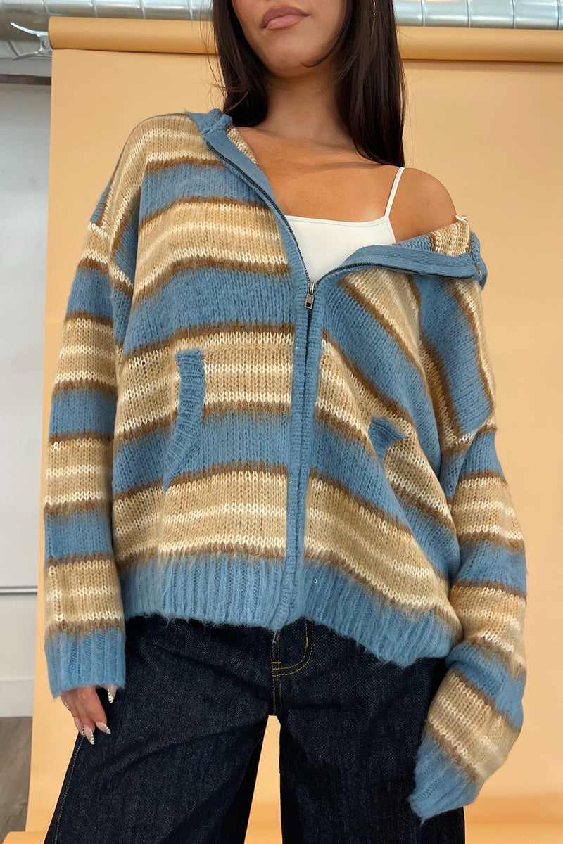 Teddy Blue and Taupe Stripe Fuzzy Knit Zip Up Hoodie