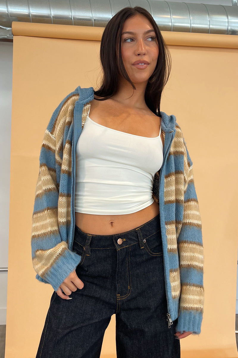 Teddy Blue and Taupe Stripe Fuzzy Knit Zip Up Hoodie