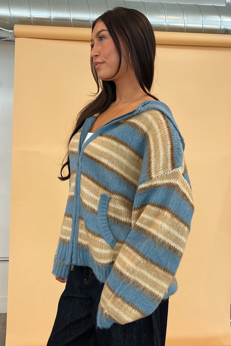 Teddy Blue and Taupe Stripe Fuzzy Knit Zip Up Hoodie