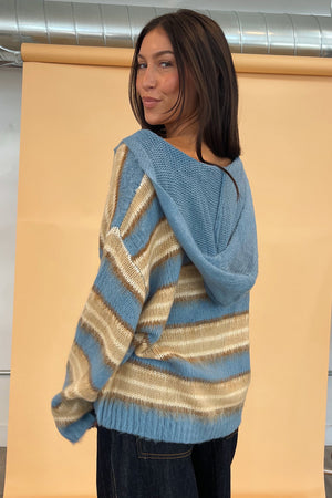 Teddy Blue and Taupe Stripe Fuzzy Knit Zip Up Hoodie