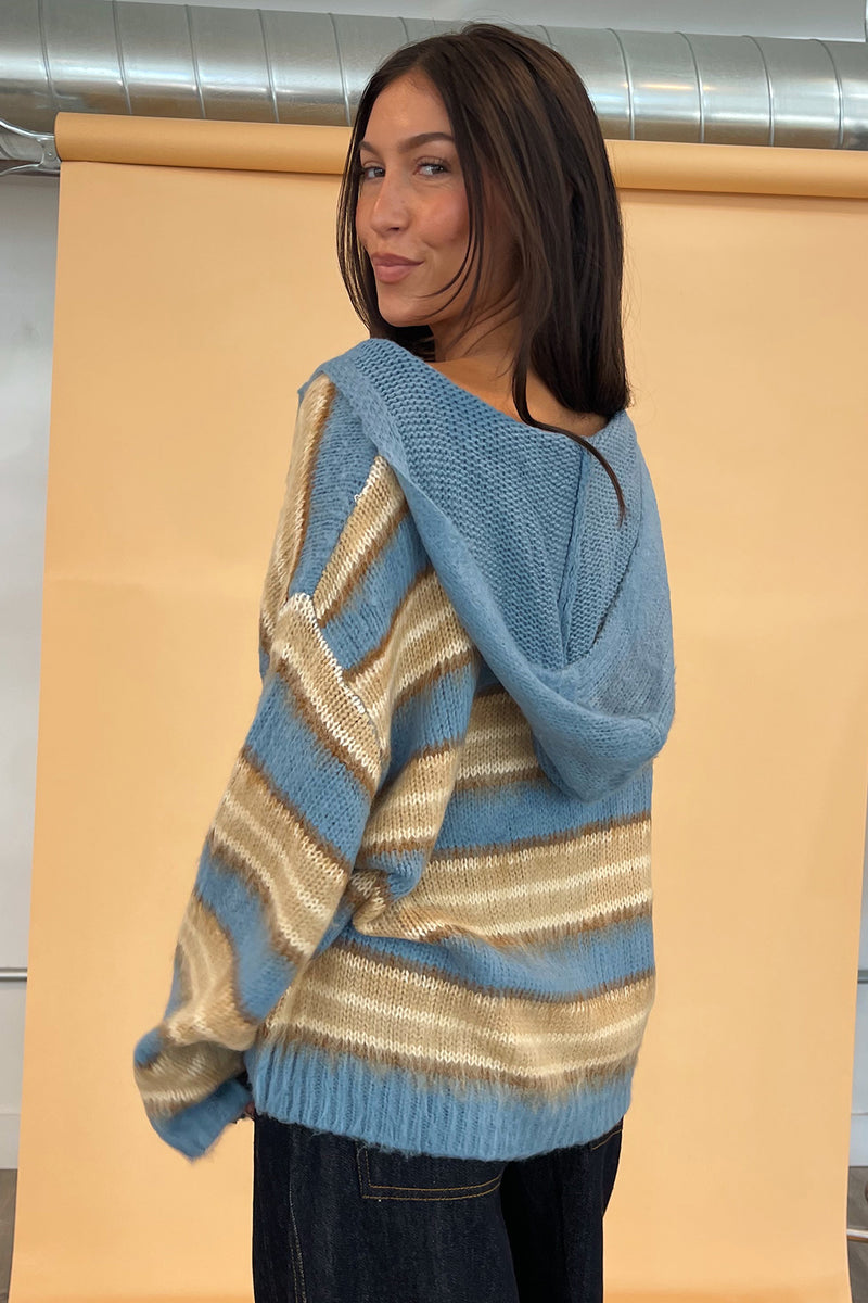 Teddy Blue and Taupe Stripe Fuzzy Knit Zip Up Hoodie